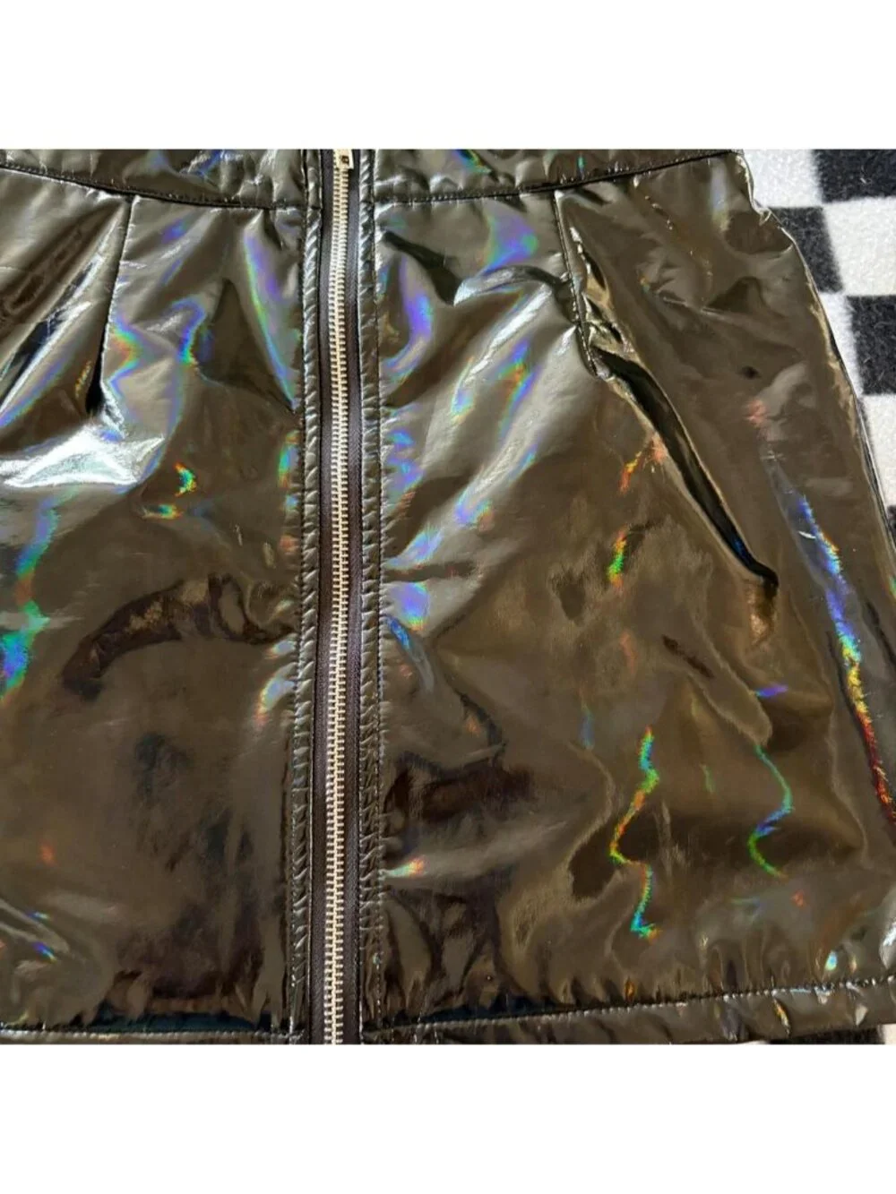 Black holographic zipped mini skirt